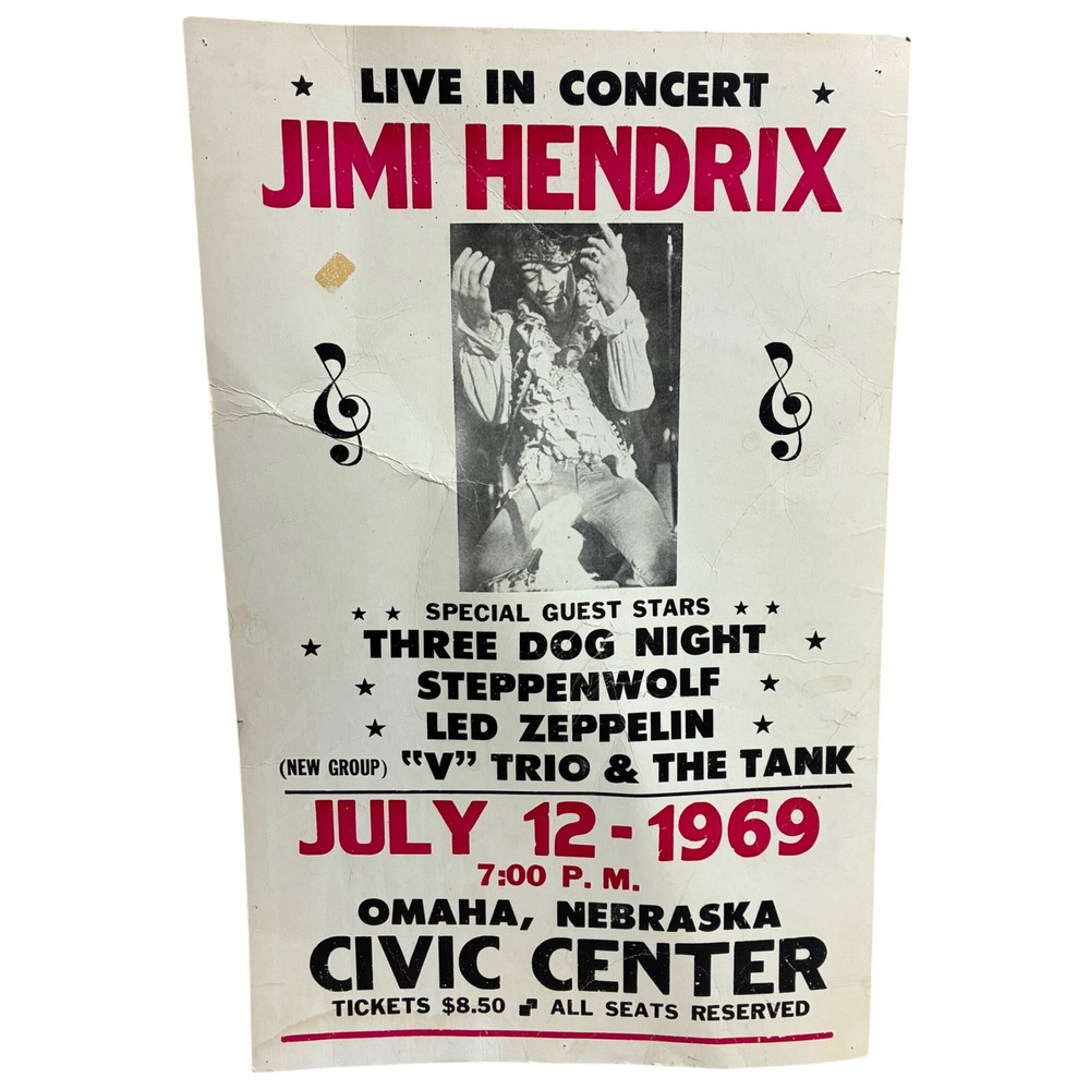 Vintage 1960s Jimi Hendrix Concert Poster Repro Classic Rock Wall Decor Art